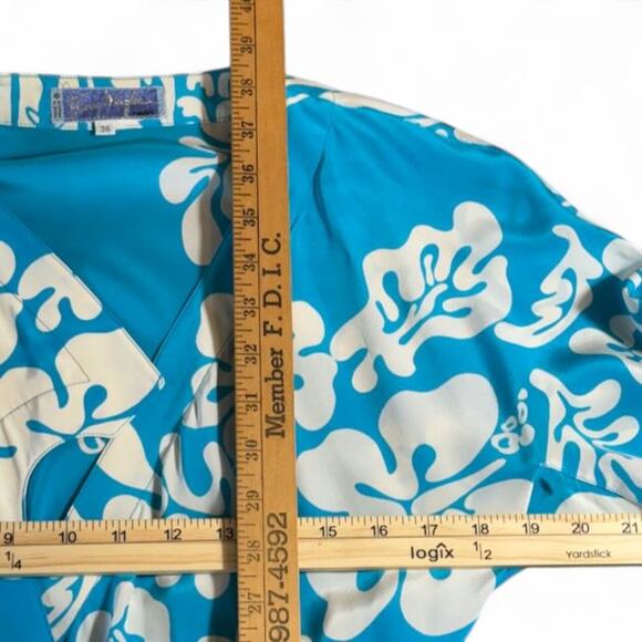 VTG Thierry Mugler 1990 Eté Hawaï Collection Tropical Silk Wrap Dress Blue 36 S - Picture 13 of 16